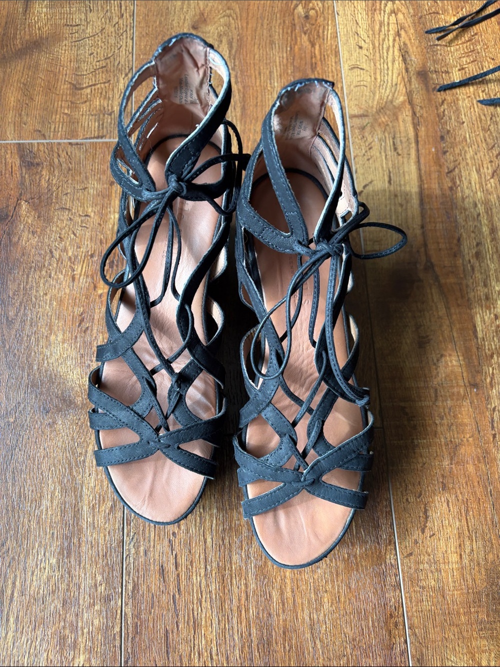 gentle souls Black Lace-Up Wedge Sandals